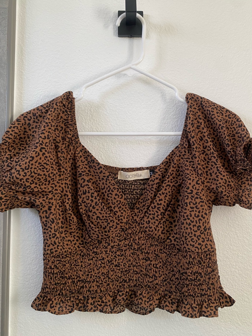 OOTDFash Brown Leopard-Print Smocked Crop Top